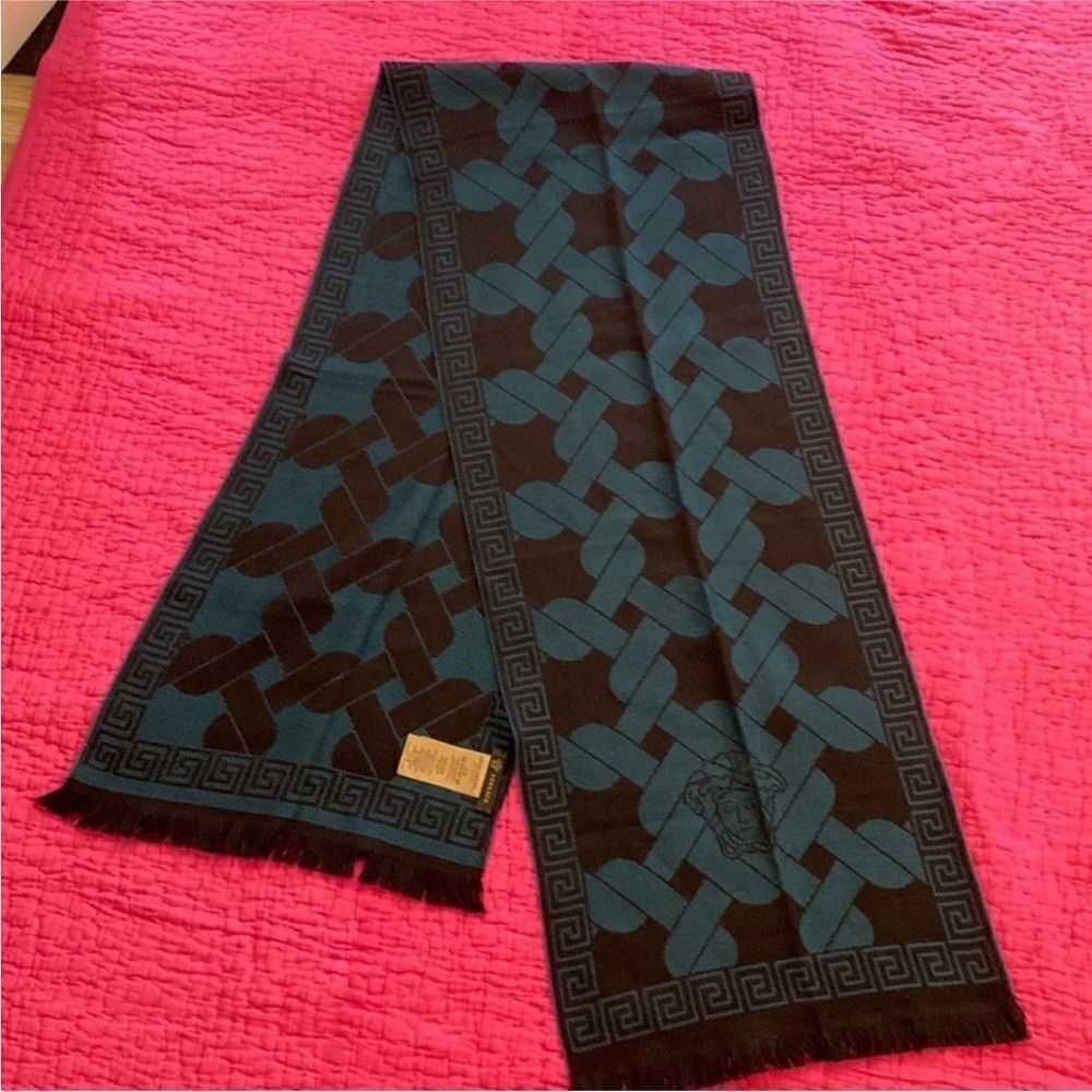 Versace 100% wool Black and Teal Patterned Scarf, 71 x14 inch